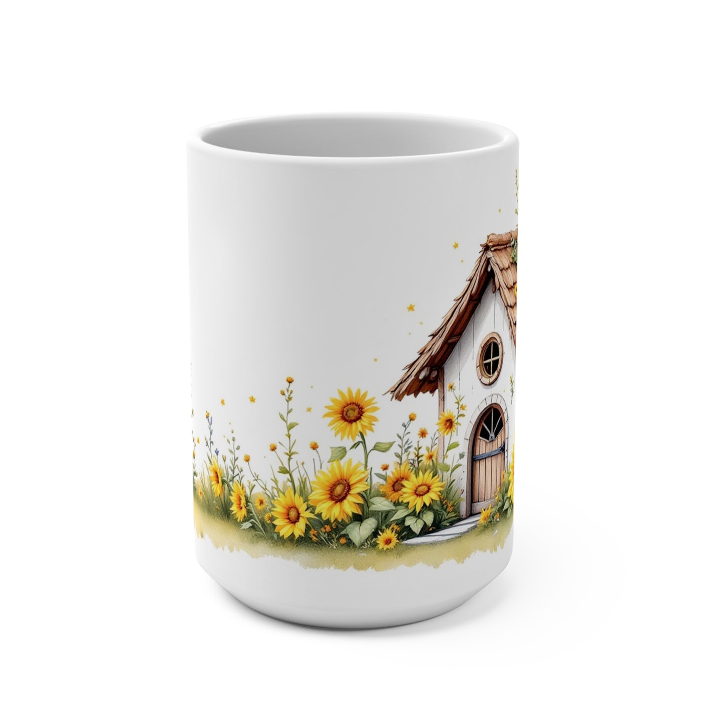 Whimsical Cottage in Bloom: Sunflowers and Serenity coffeemug 15oz