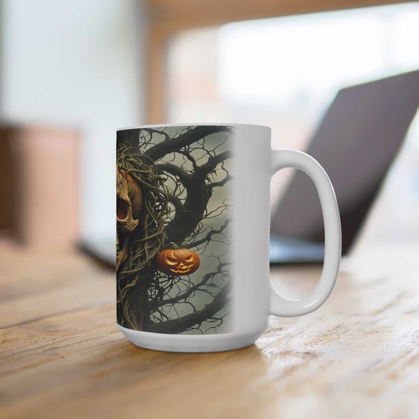 Halloween Scary Tree Pumpkin Skull Mug 15oz, Spooky Coffee Cup, Trick or Treat Drinkware, Creepy Tea Mug, October Horror Decor