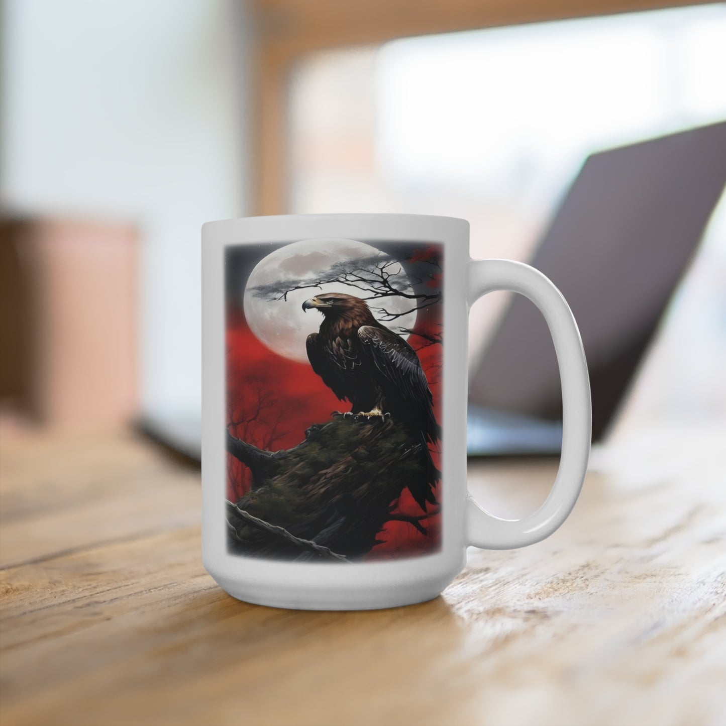 Eagle Moon Moody Mug 15oz - Ceramic Coffee Cup, Tea Mug, Kitchen Drinkware, Unique Gift, Animal Lover, Nature Theme