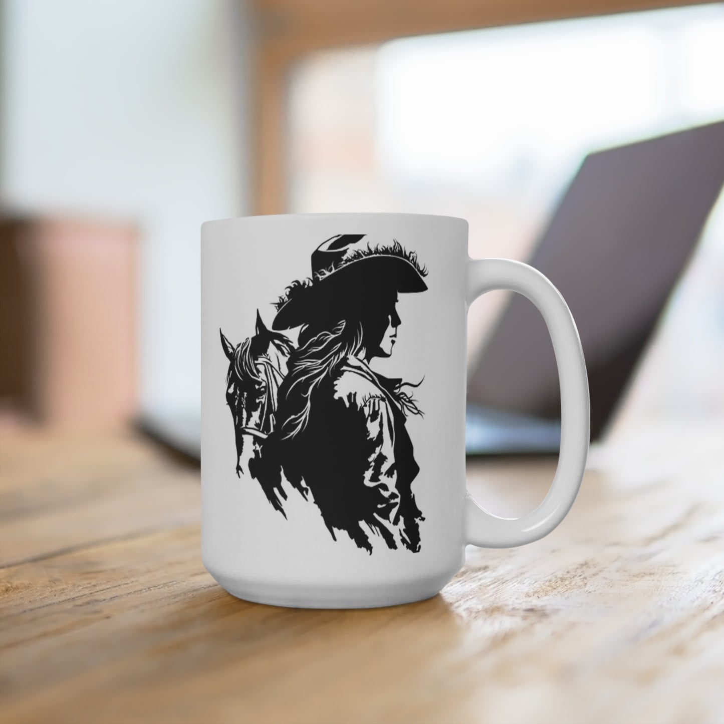 Western Cowgirl Horse Rider Silhouette Coffee Mug, 15 oz, - Rodeo, Equestrian, Western Lifestyle Mug for Cowgirls, Ranch, and Country Living