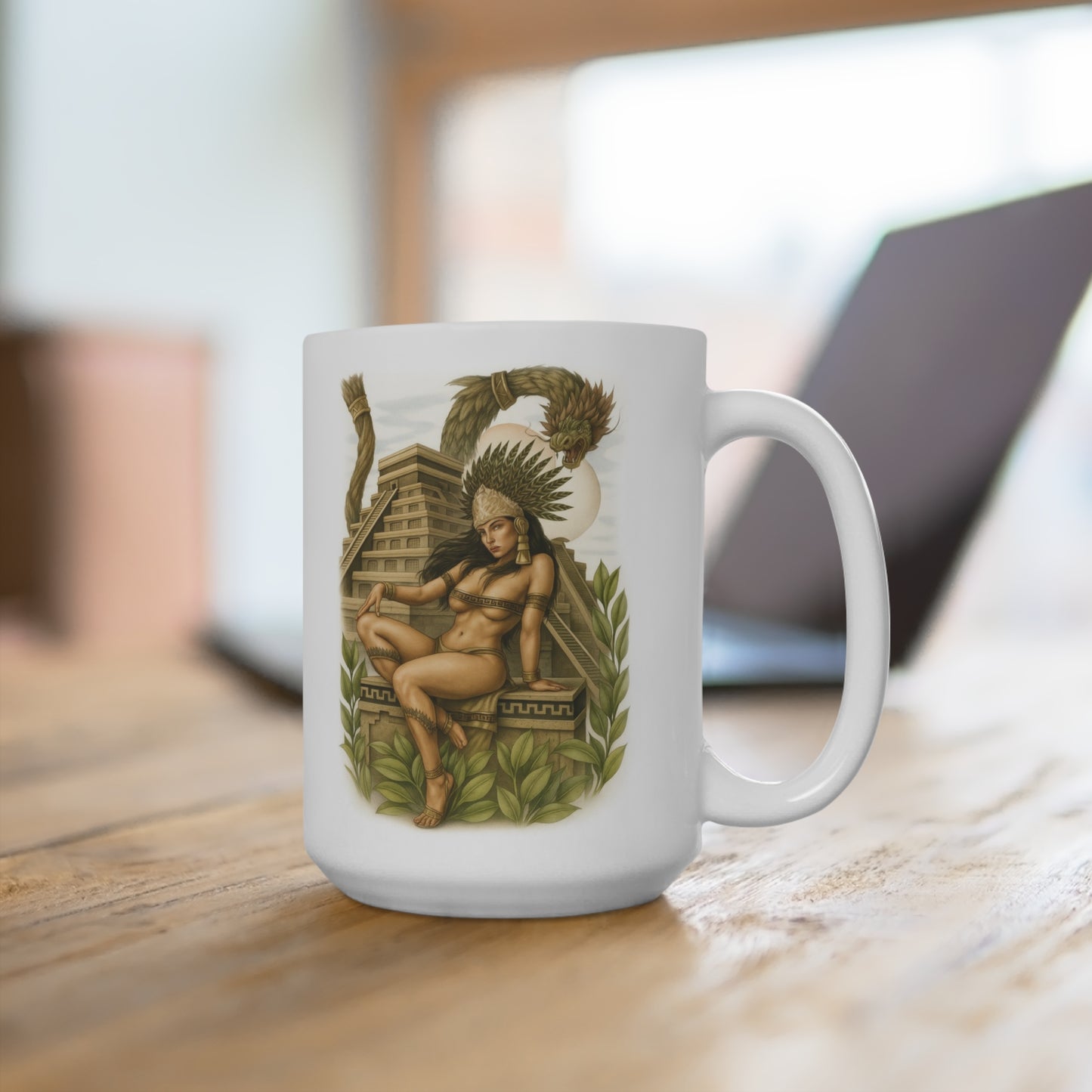 Aztec Warrior Goddess 15 oz Coffee Mug – Mesoamerican Temple Art Coffee Cup