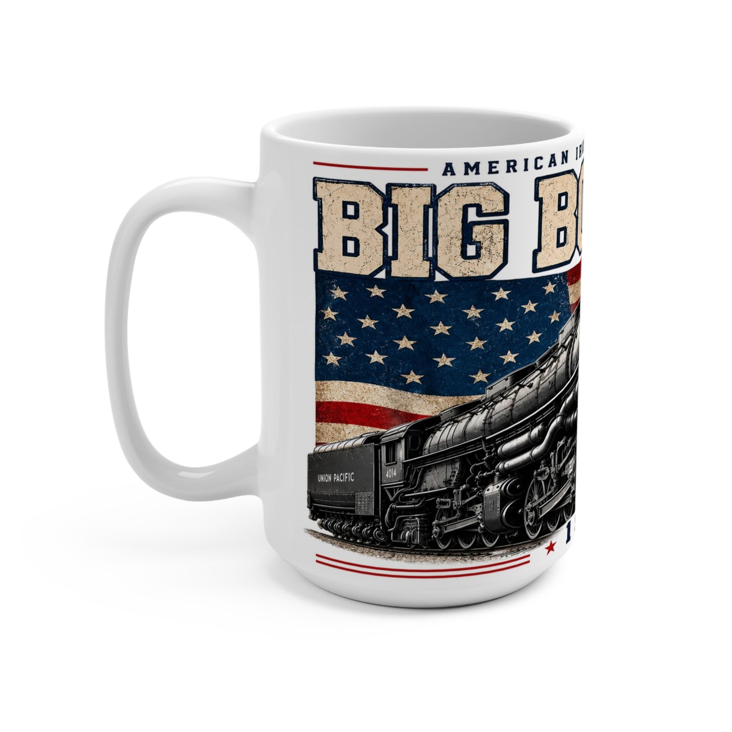 Image 1: Big Boy 4014 coffee mug with patriotic American flag and steam locomotive railroad