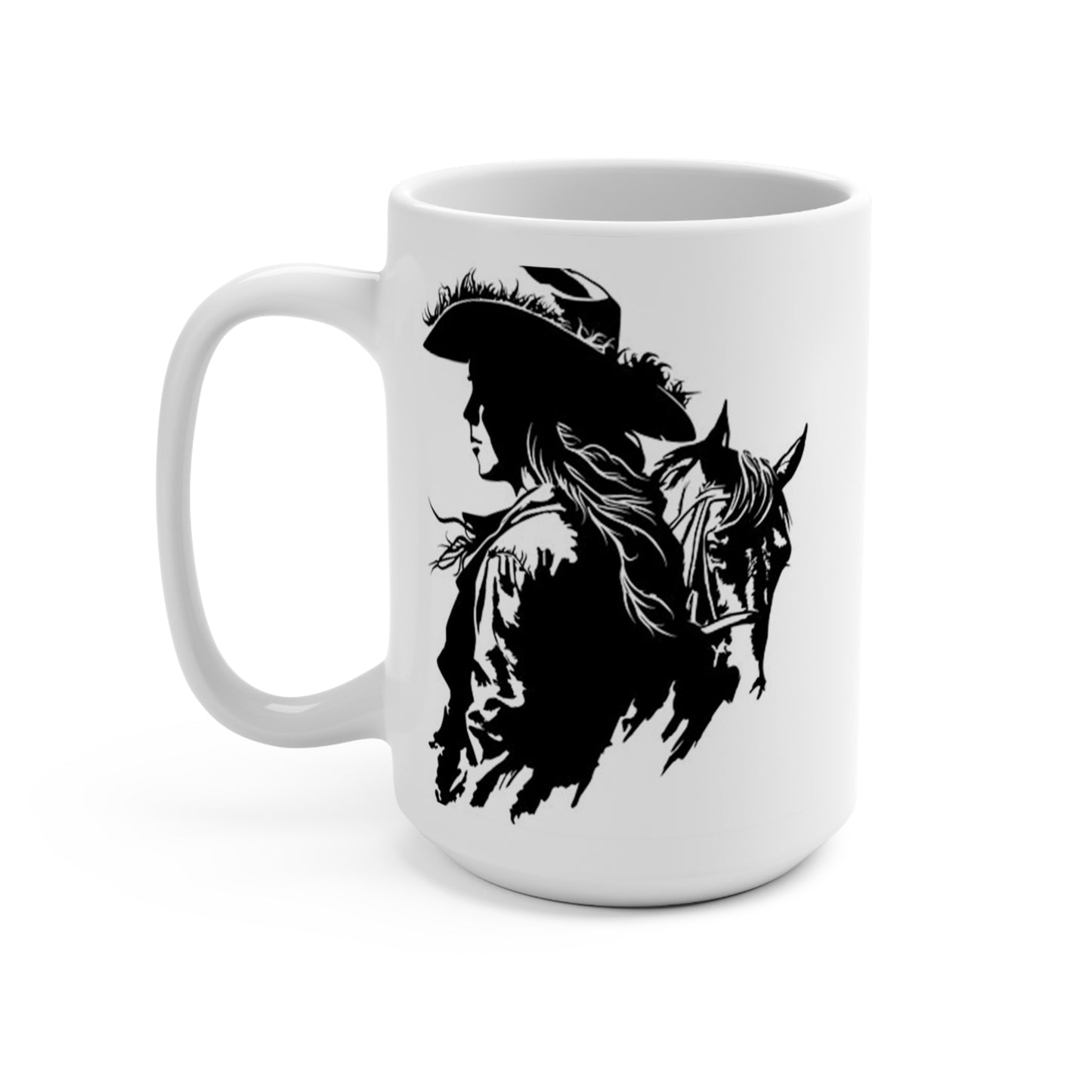 Western Cowgirl Horse Rider Silhouette Coffee Mug, 15 oz, - Rodeo, Equestrian, Western Lifestyle Mug for Cowgirls, Ranch, and Country Living