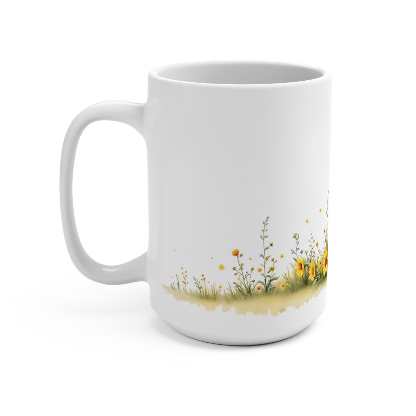 Whimsical Cottage in Bloom: Sunflowers and Serenity coffeemug 15oz