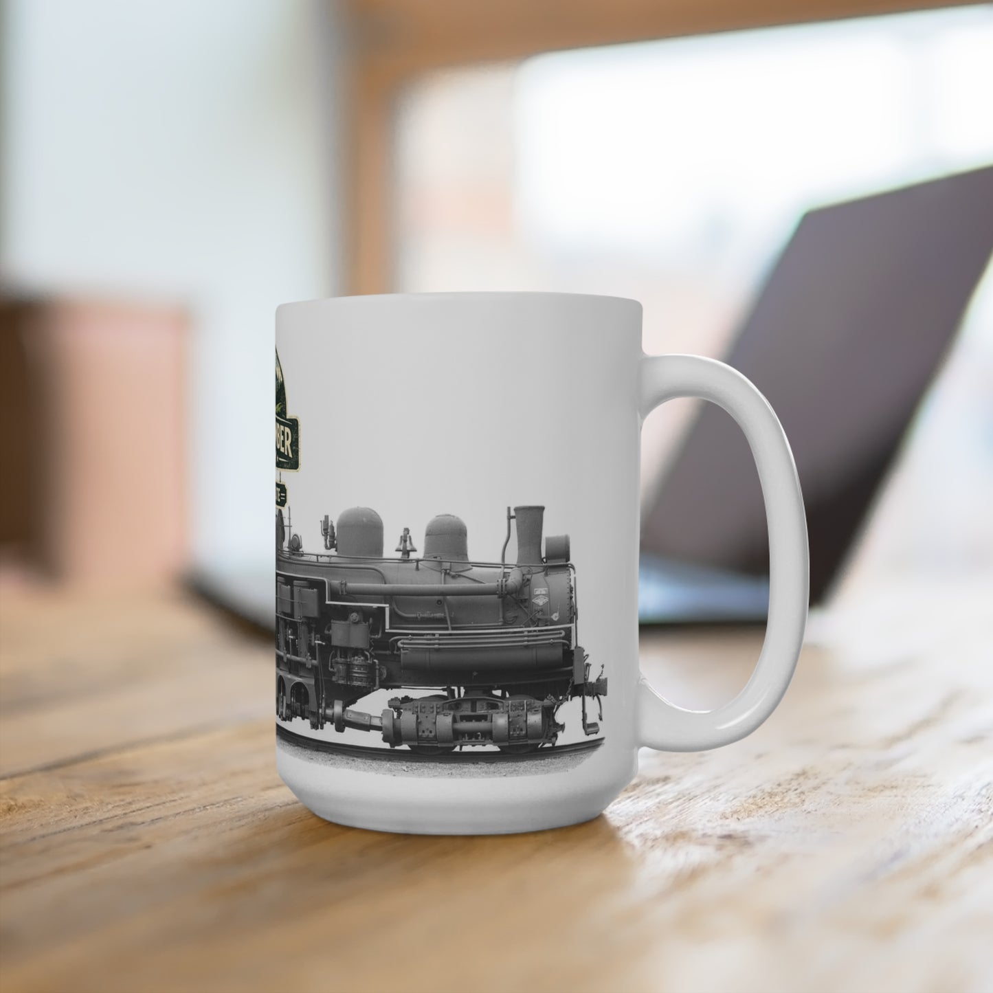 15oz vintage railroad mug with “Cascade & Timber Railway” Scenic Route logo and steam locomotive wrap. Perfect railfan gift.