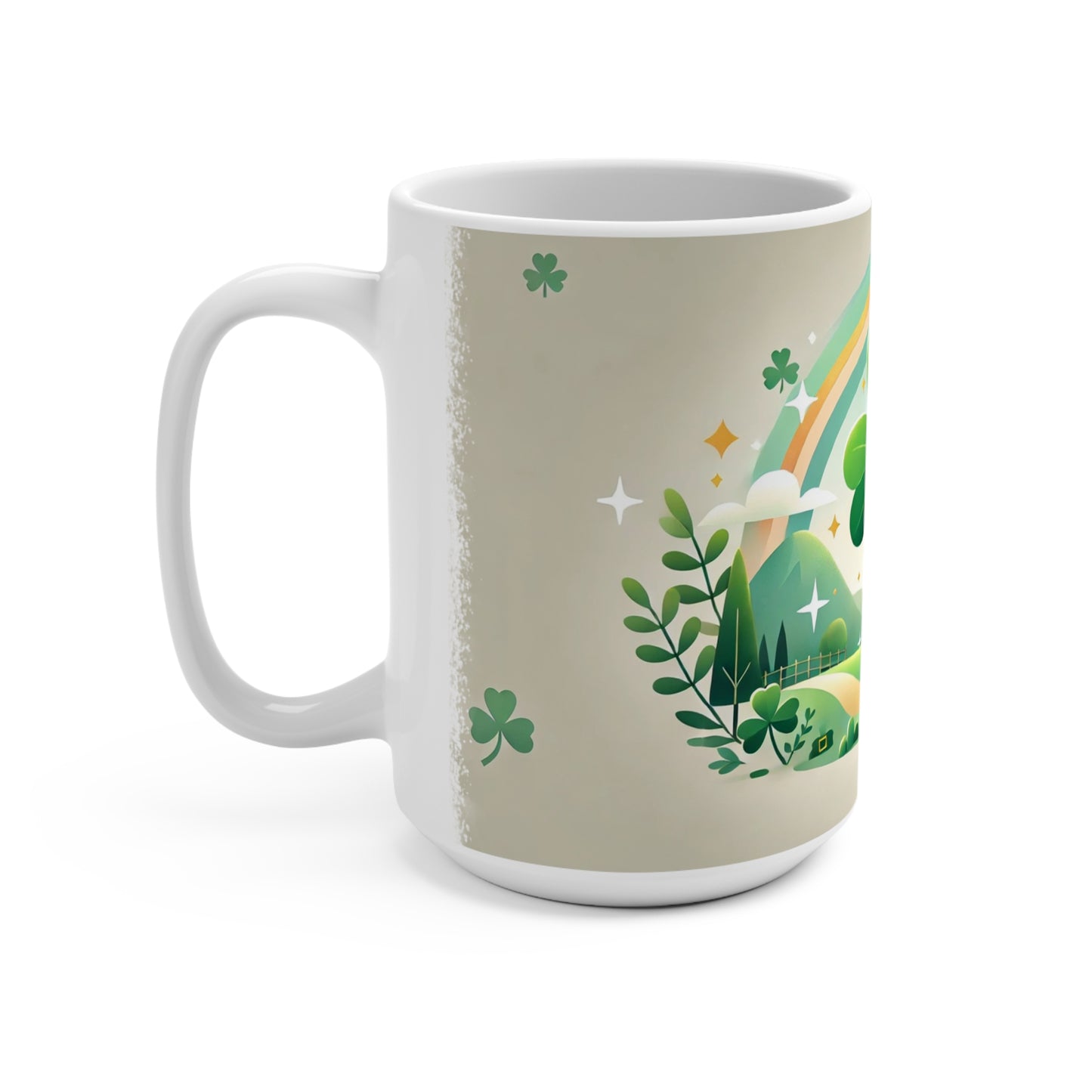 Festive Irish Coffee Mug Celebrate the joy of St. Patrick’s Day with this 15oz Coffee Mug featuring a vibrant shamrock, rainbow, and pot of gold design