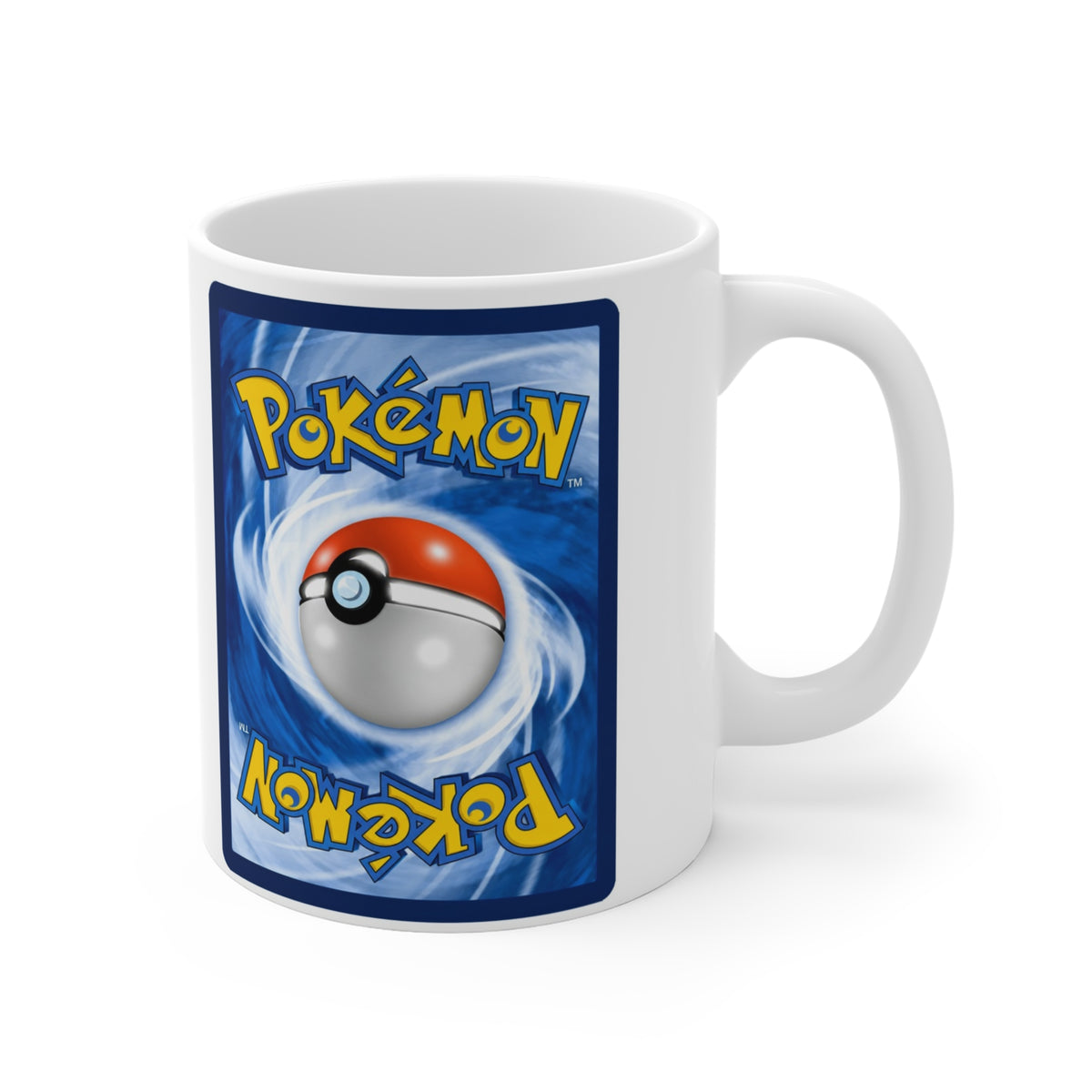 White ceramic mug with blue Pokémon card-back artwork, a central Poké Ball