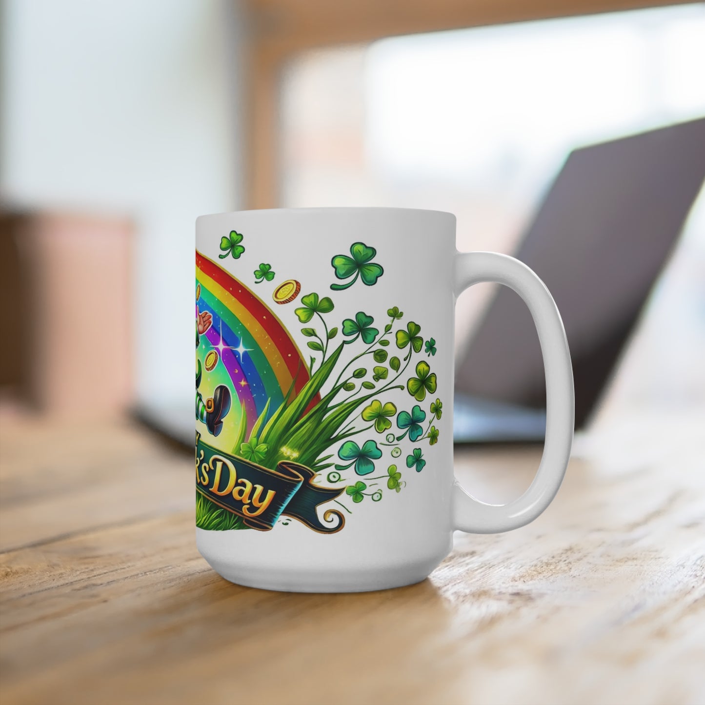 Celebrate Happy St. Patrick's Day Coffee Mug every morning with this vibrant 15 oz coffee mug featuring a cheerful leprechaun, pot of gold, and a dazzling rainbow surrounded by lush green shamrocks