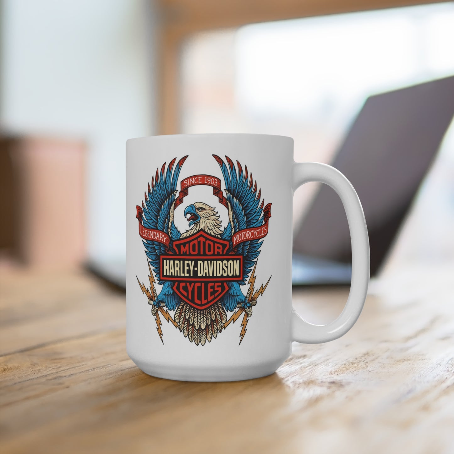 Harley Davidson mug with eagle design on a wooden surface