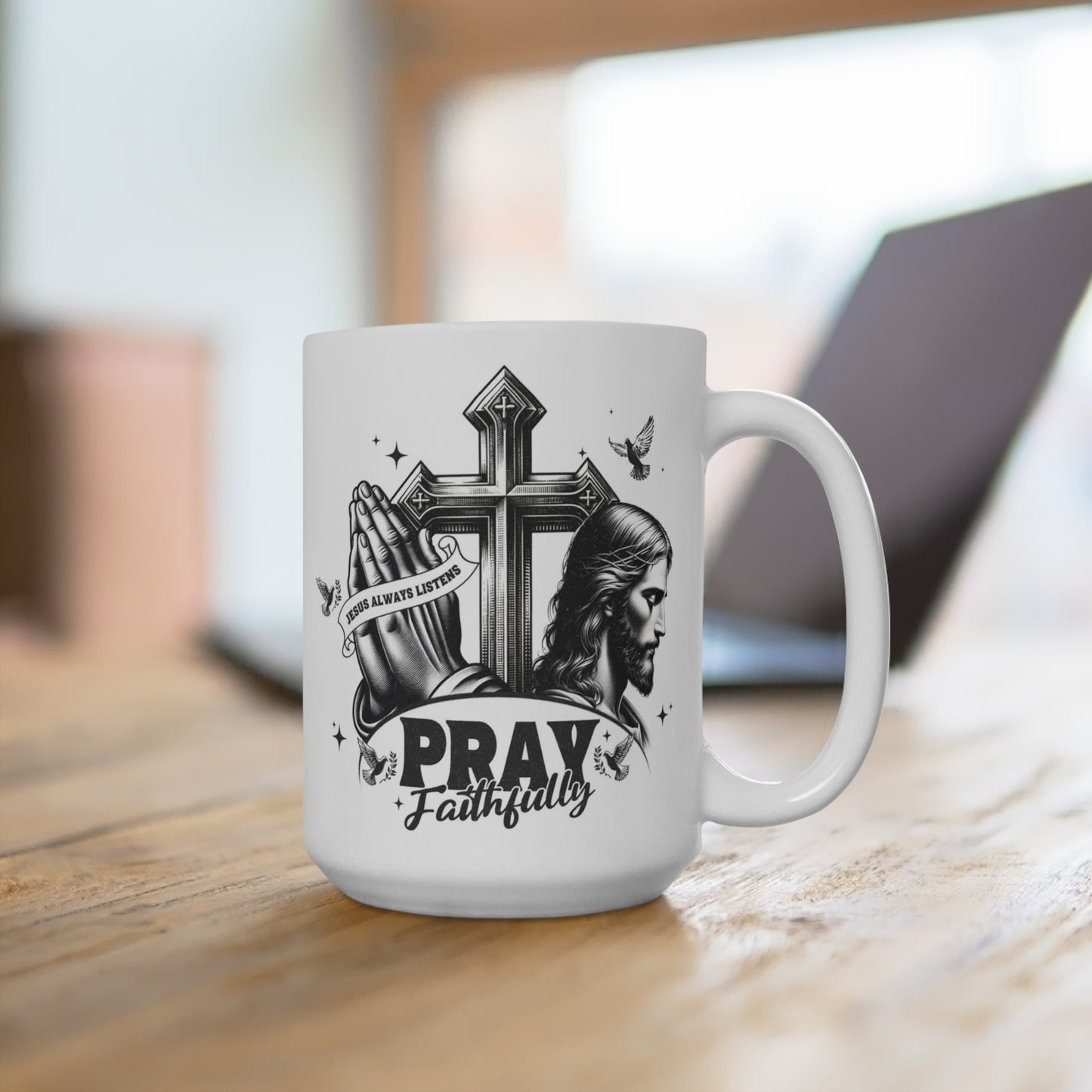 “Christian coffee mug featuring Jesus, cross and praying hands with ‘Pray Faithfully’ text – 15 oz white ceramic cup”