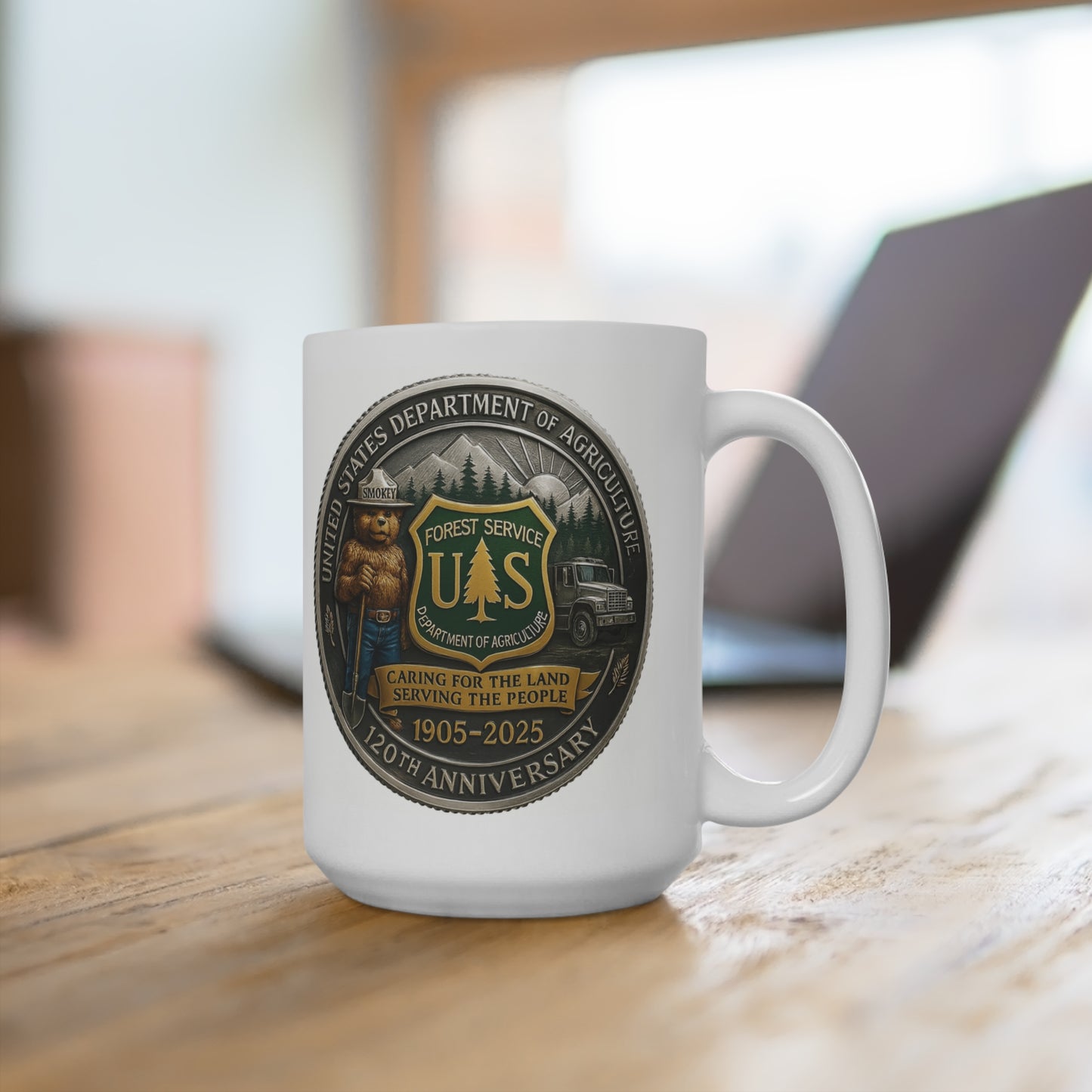 US Forest Service 120th Anniversary 15 oz coffee mug by MugsArtStore, ceramic cup with Smokey Bear and official USDA seal, commemorative gift for park rangers, firefighters, and national park lovers (1905–2025).