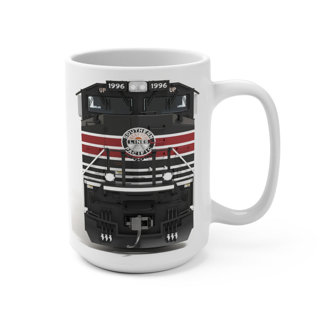 White 15 oz Southern Pacific No. 1996 coffee mug showing the heritage locomotive and classic railroad emblem.