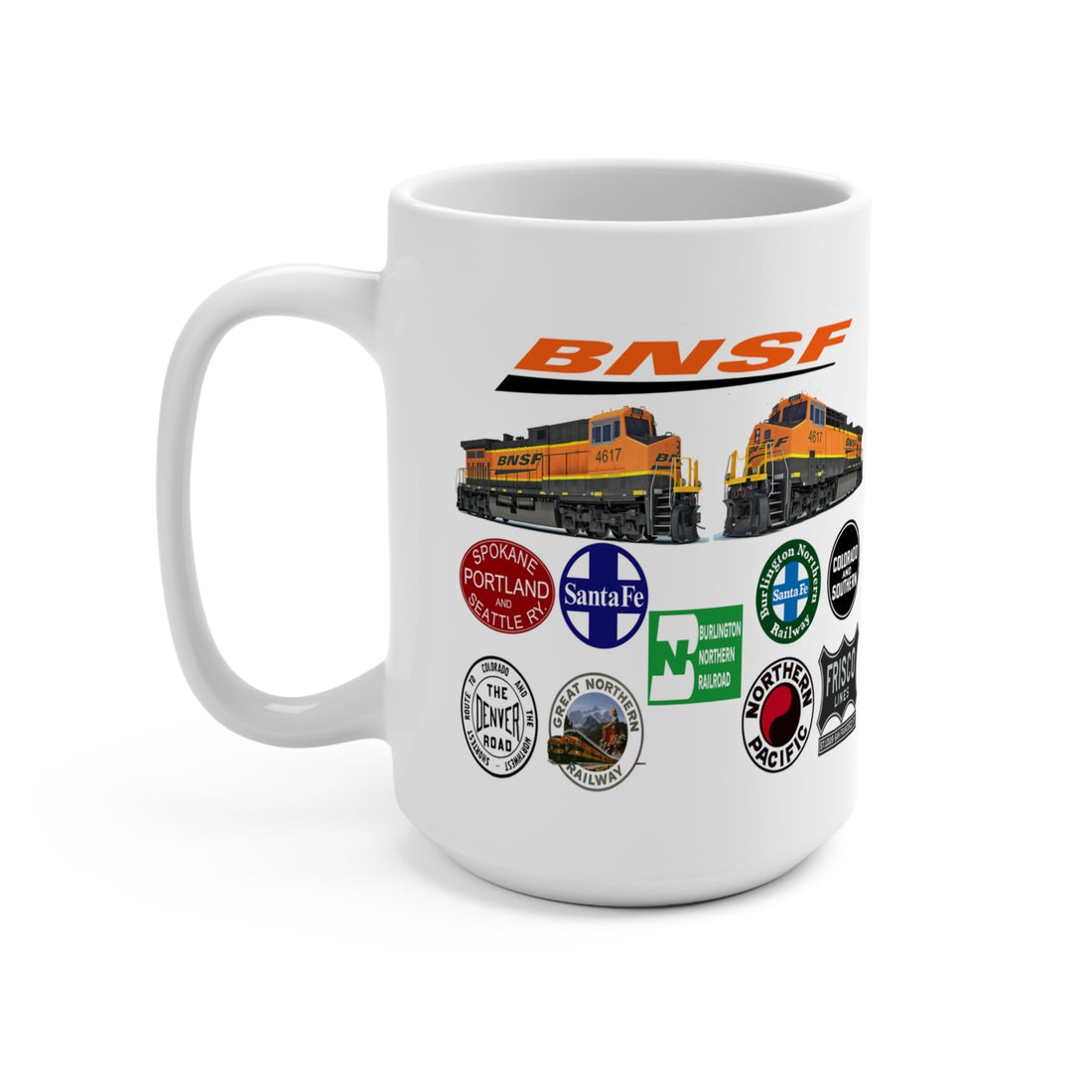 BNSF Railway Heritage 15 oz coffee mug with locomotive #4617 and classic fallen flag railroad logos from Santa Fe, Burlington Northern, Great Northern, Northern Pacific, Frisco and more