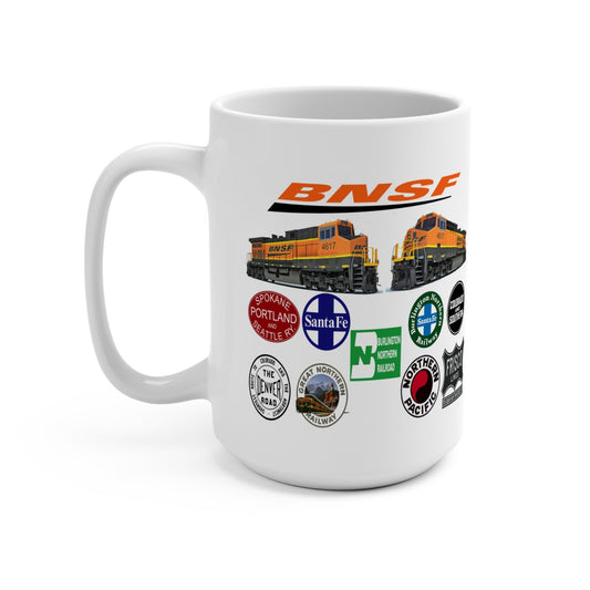 BNSF Railway Heritage 15 oz coffee mug with locomotive #4617 and classic fallen flag railroad logos from Santa Fe, Burlington Northern, Great Northern, Northern Pacific, Frisco and more