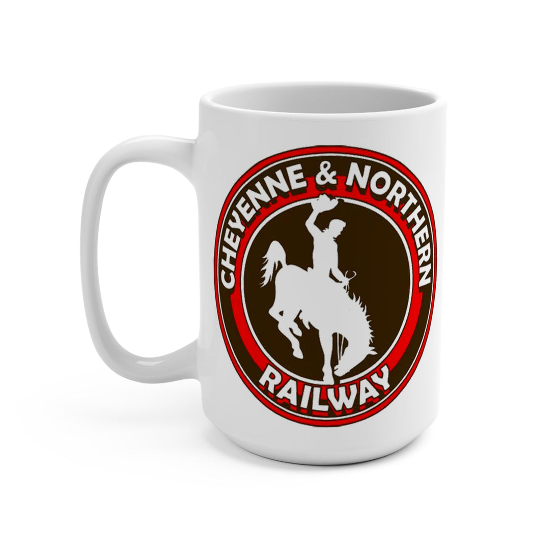Cheyenne & Northern Railway Mug - White 15oz ceramic coffee mug with vintage brown and red circular logo featuring Wyoming bucking bronco cowboy silhouette