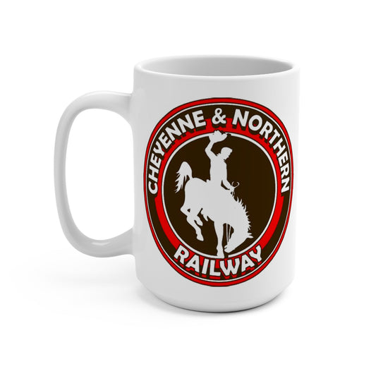Cheyenne & Northern Railway Mug - White 15oz ceramic coffee mug with vintage brown and red circular logo featuring Wyoming bucking bronco cowboy silhouette