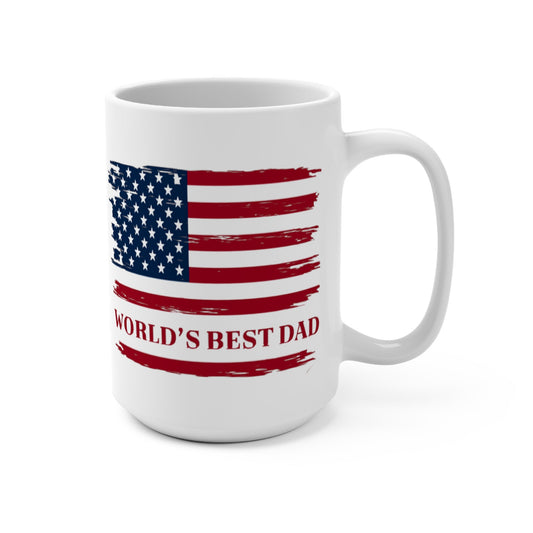 "Side view of a white patriotic mug with distressed American flag design, showing how the stars and stripes flow around the ceramic surface with partial 'World’s Best Dad' text visible"