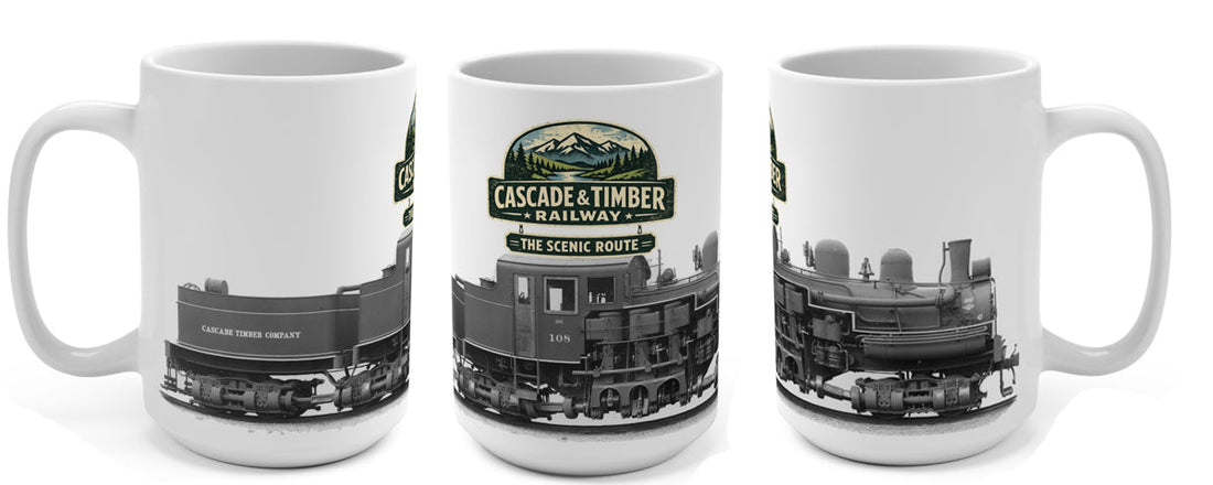 Ride the Scenic Route: Cascade & Timber Railway Coffee Mug for Railroad and Logging History Fans