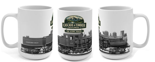 Ride the Scenic Route: Cascade & Timber Railway Coffee Mug for Railroad and Logging History Fans
