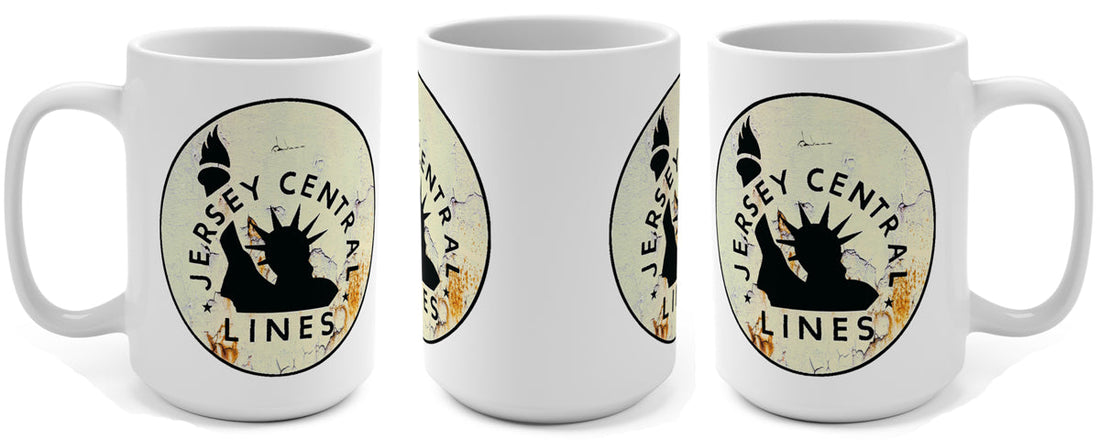 Three views of the Jersey Central Lines 15 oz coffee mug displayed together on a clean white background.
