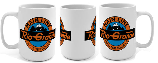 Three product views of the Rio Grande Main Line Through the Rockies coffee mug displayed together on a clean white background.
