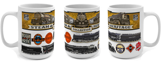 Three views of the Steam and Heritage Collection railroad coffee mug displayed together on a clean white background.