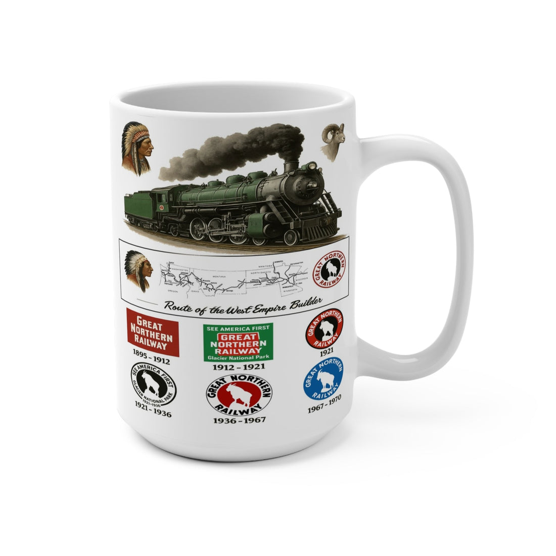 15oz white ceramic coffee mug featuring Great Northern Railway heritage design with vibrant green steam locomotive, Route of the West Empire Builder map, historical logos from 1895–1970, Native American chief illustration, and mountain goat symbol