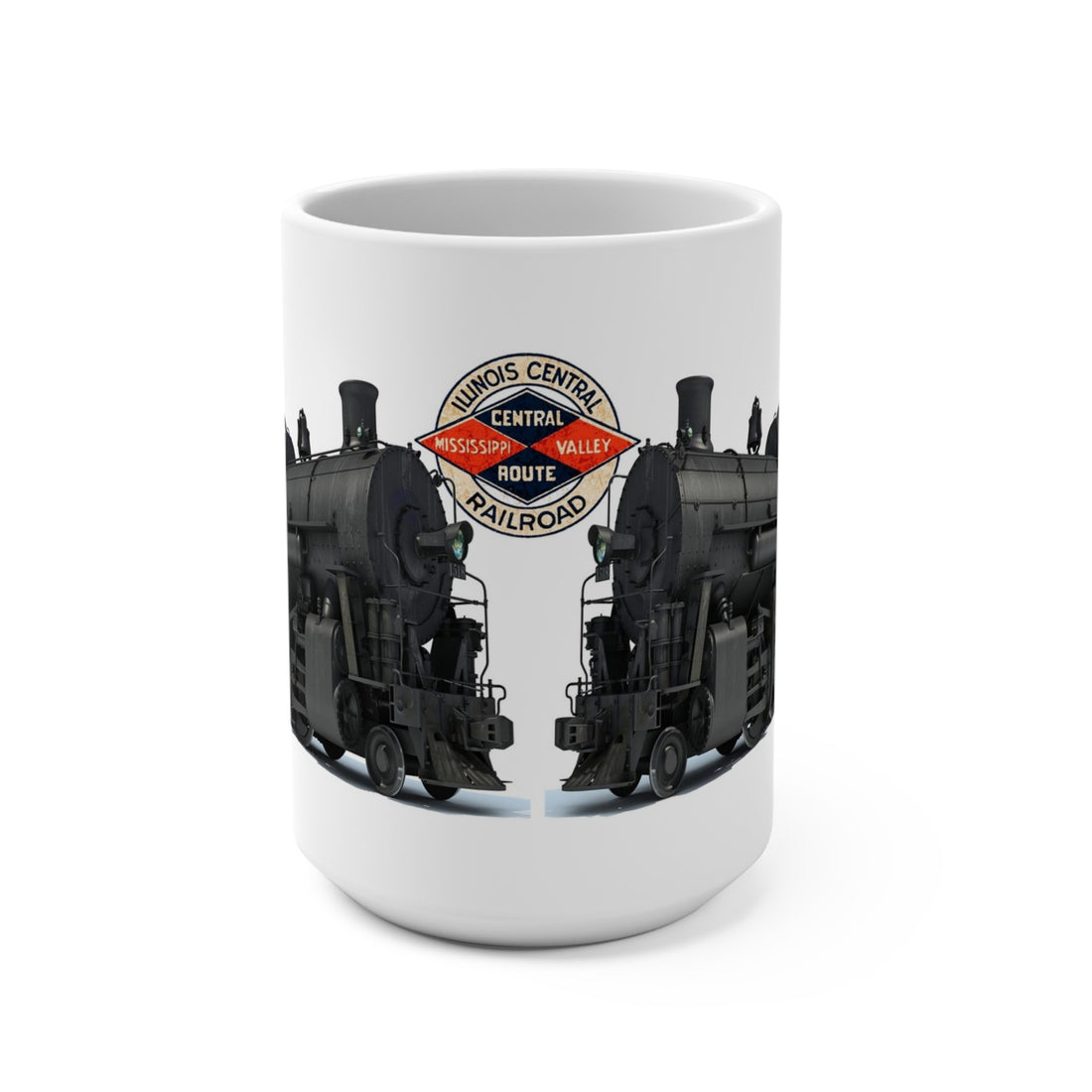 Illinois Central 1518 steam locomotive heritage mug with Central Mississippi Valley Route logo and Made in the U.S.A. text