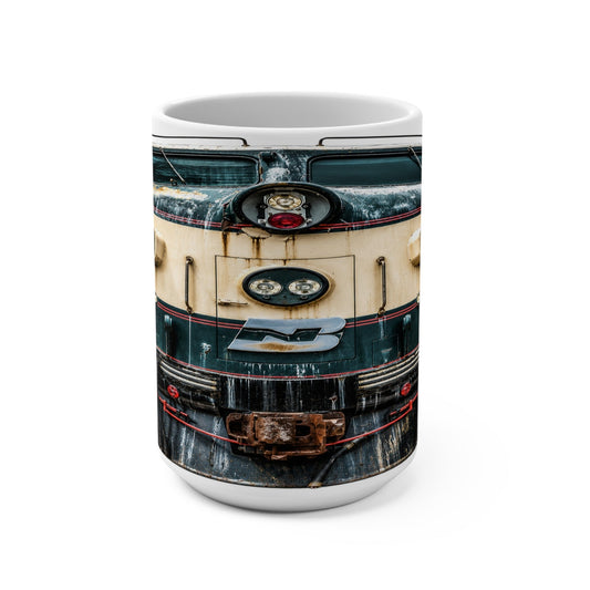 Weathered Burlington Northern BN-1 F9A locomotive artwork on a white ceramic mug, showing the headlight, emblem, and classic cab details in a vintage rail heritage style.