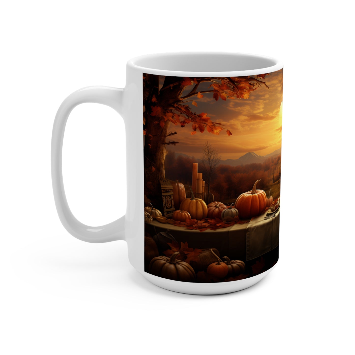 Thanksgiving Dinner Table Mug 15oz - Holiday Gift Coffee Cup, Autumn Ceramic Tea Mug, Family Gathering Kitchen Drinkware, Festive Table