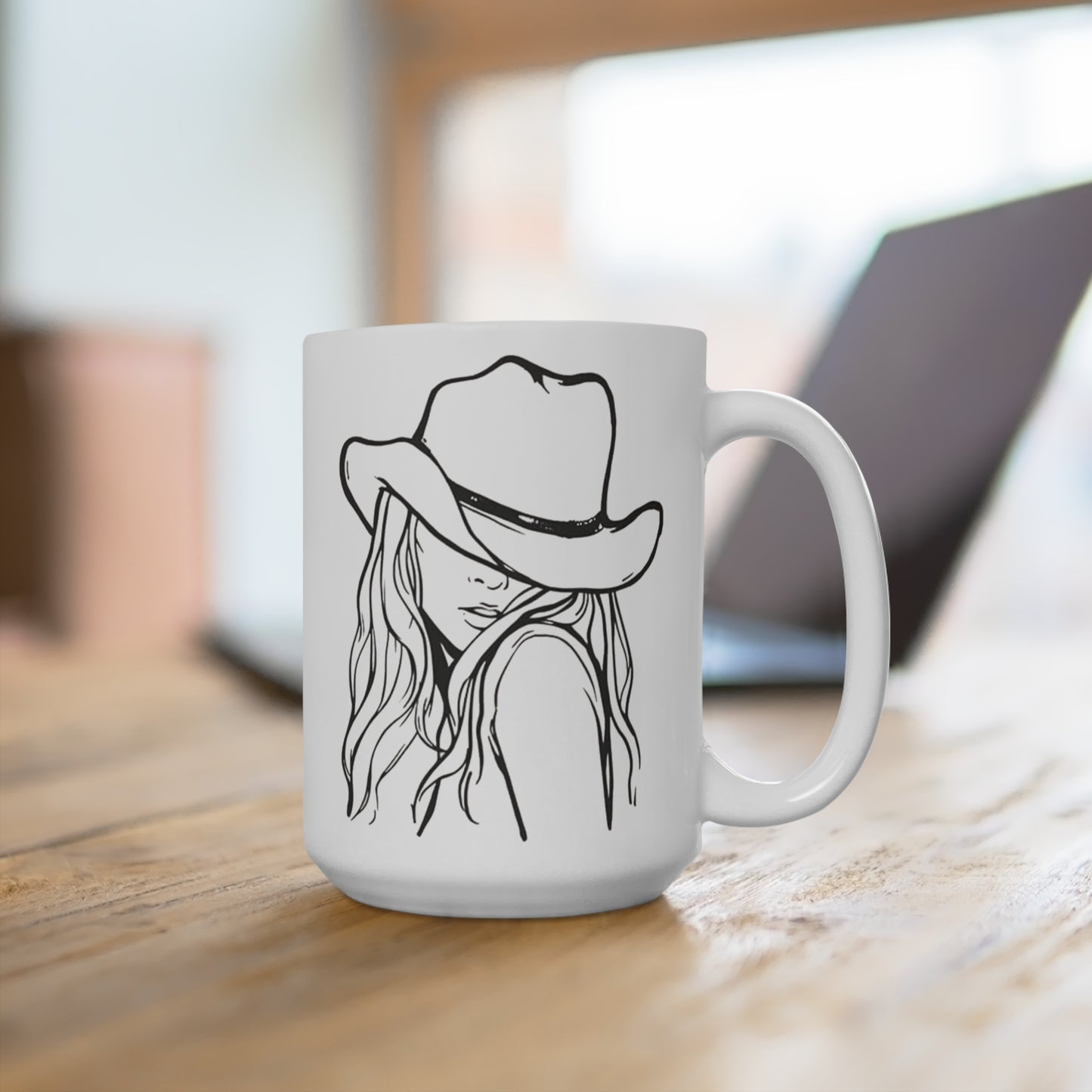 Ceramic Western Cowgirl Hat Mug with Long Hair Design, 15 oz – Rustic Cowgirl Drinkware, Vintage Western Style, Country Chic Mug