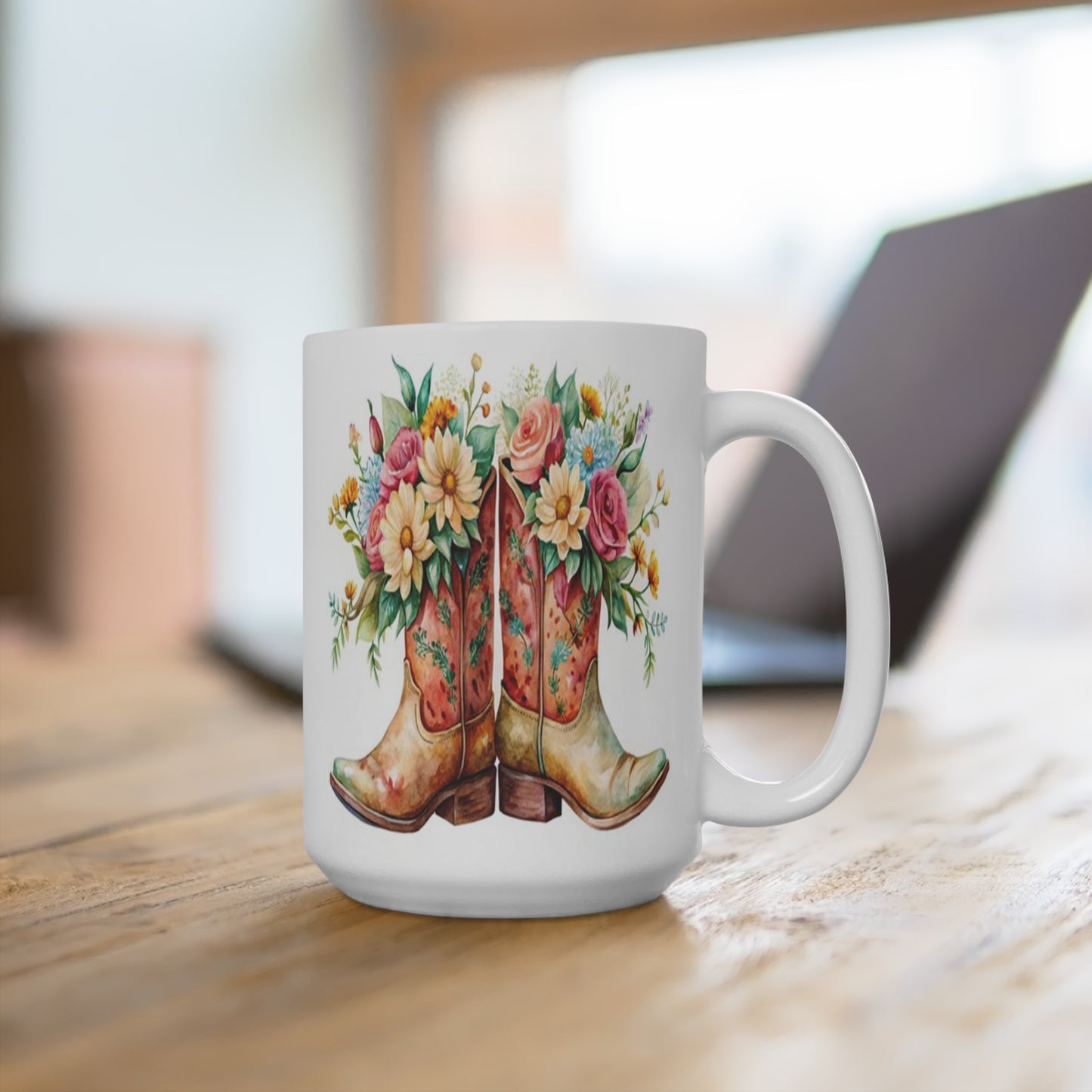 Western Floral Cowboy Boots Coffee Mug, 15 oz, Ceramic: