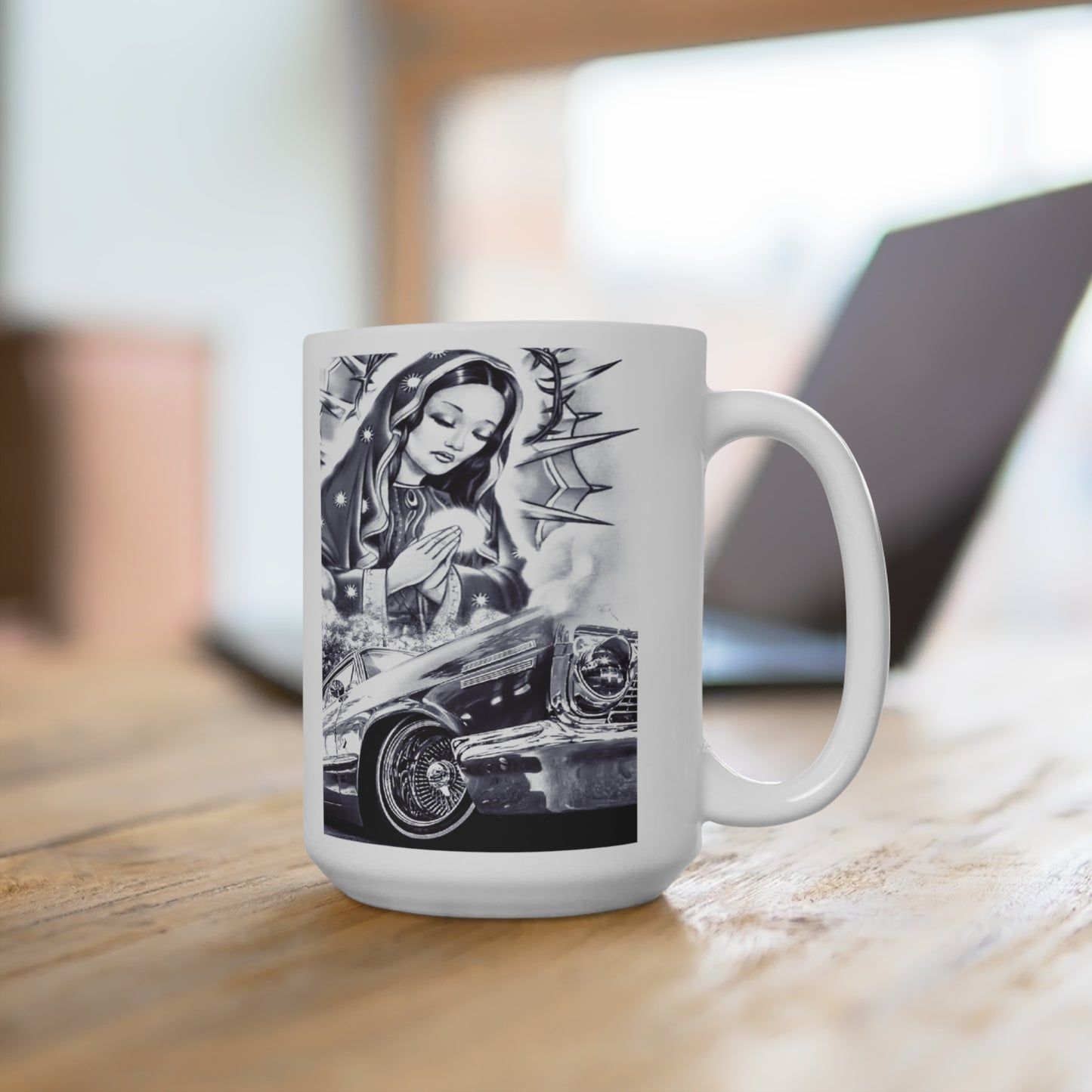 Mugsartstore, Virgin Mary Lowrider Impala 1964 15oz Mug