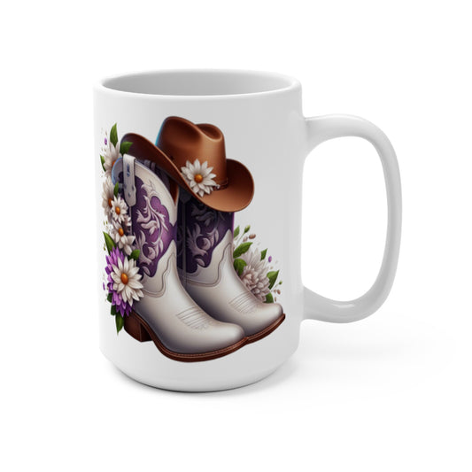 Western Floral Cowboy Cowgirl Hat & Boots Coffee Mug, 15 oz Ceramic - Rustic Country Chic Drinkware for Cowgirl Lovers, Farmhouse Kitchen Decor