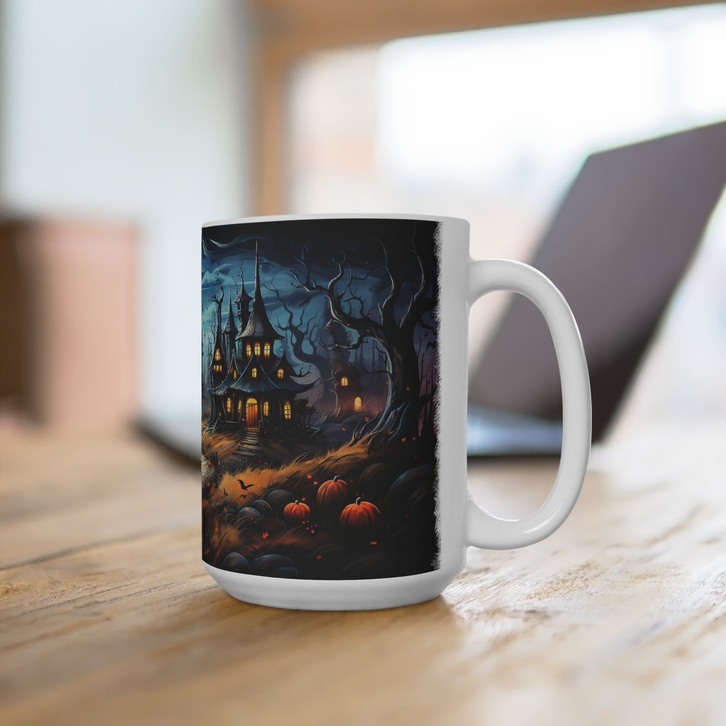 Halloween Haunted House Coffee Mug, Creepy 15oz Cup, Spooky Kitchen Decor, Scary Drinkware, Ghostly Tea Mug, Unique Halloween Gift