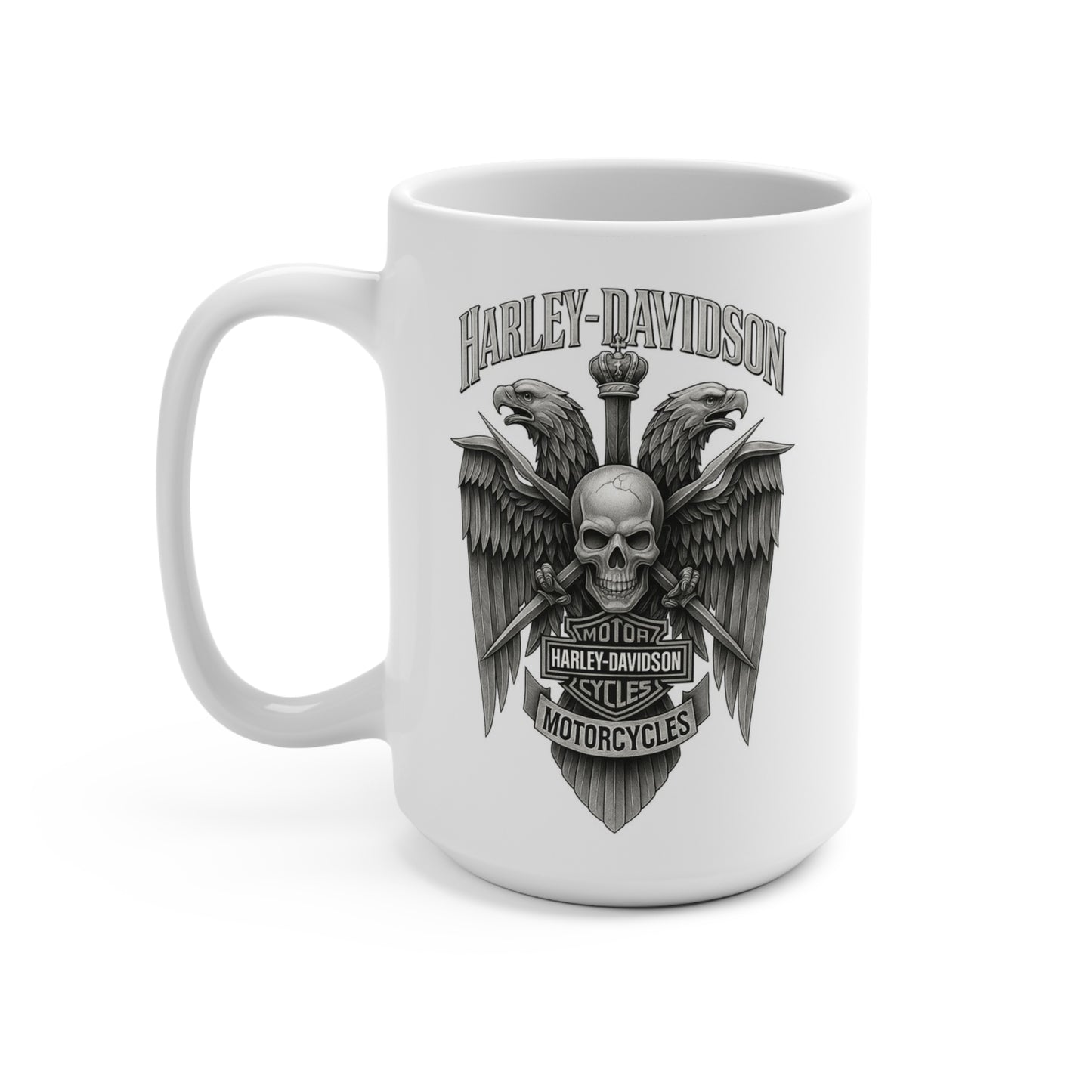 Skull & Eagle Biker Emblem 15 oz Ceramic Coffee Mug – Gothic Motorcycle Rider Gift