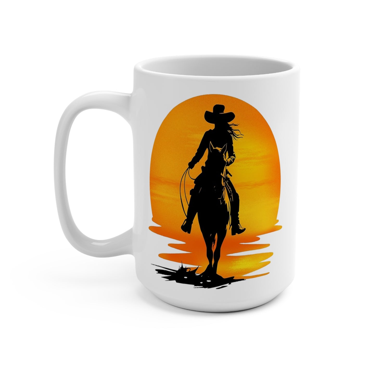 Western Cowgirl Sunset Coffee Mug, 15 oz Large Ceramic Cup with Horse Rider Silhouette, Rustic Cowgirl Decor, Equestrian Gift for Her, Rodeo Lover Mug