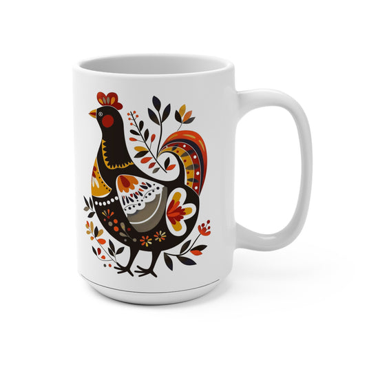 Folk Art Rooster Coffee Mug, 15 oz, Ceramic Farmhouse Design