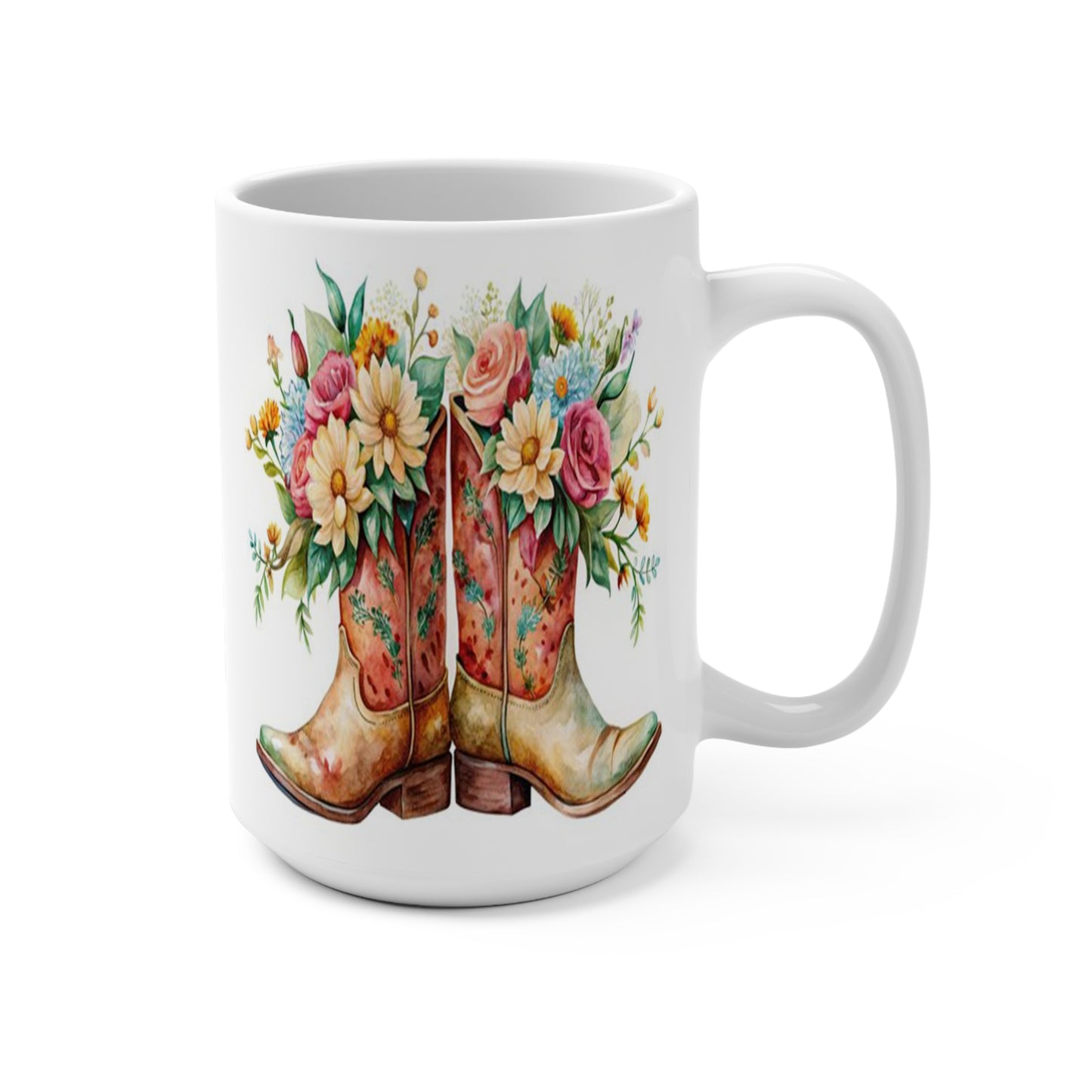 Western Floral Cowboy Boots Coffee Mug, 15 oz, Ceramic: