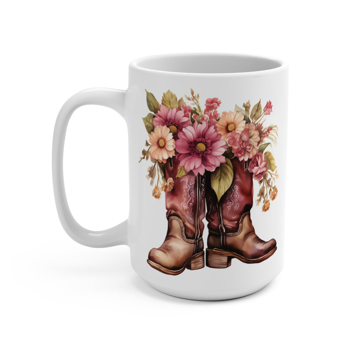 Cowboy Boots Floral Coffee Mug, 15 oz, Ceramic Western Design with Pink Daisies