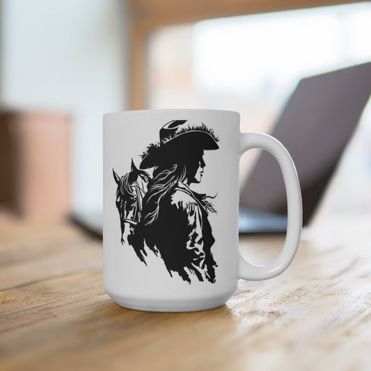 Western Cowgirl Horse Rider Silhouette Coffee Mug, 15 oz, White Ceramic - Rodeo, Equestrian, Western Lifestyle Mug for Cowgirls, Ranch, and Country Living