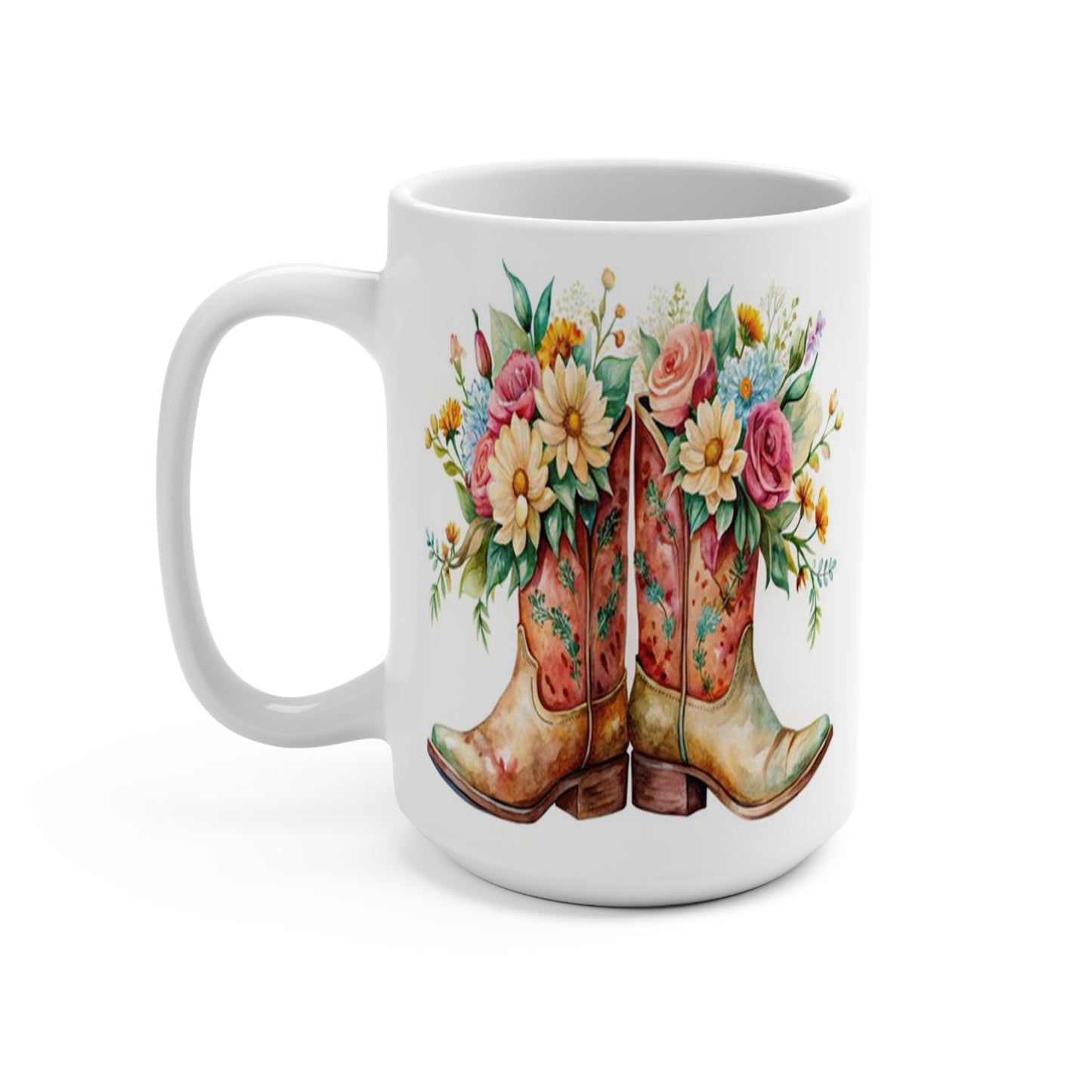 Western Floral Cowboy Boots Coffee Mug, 15 oz, Ceramic: