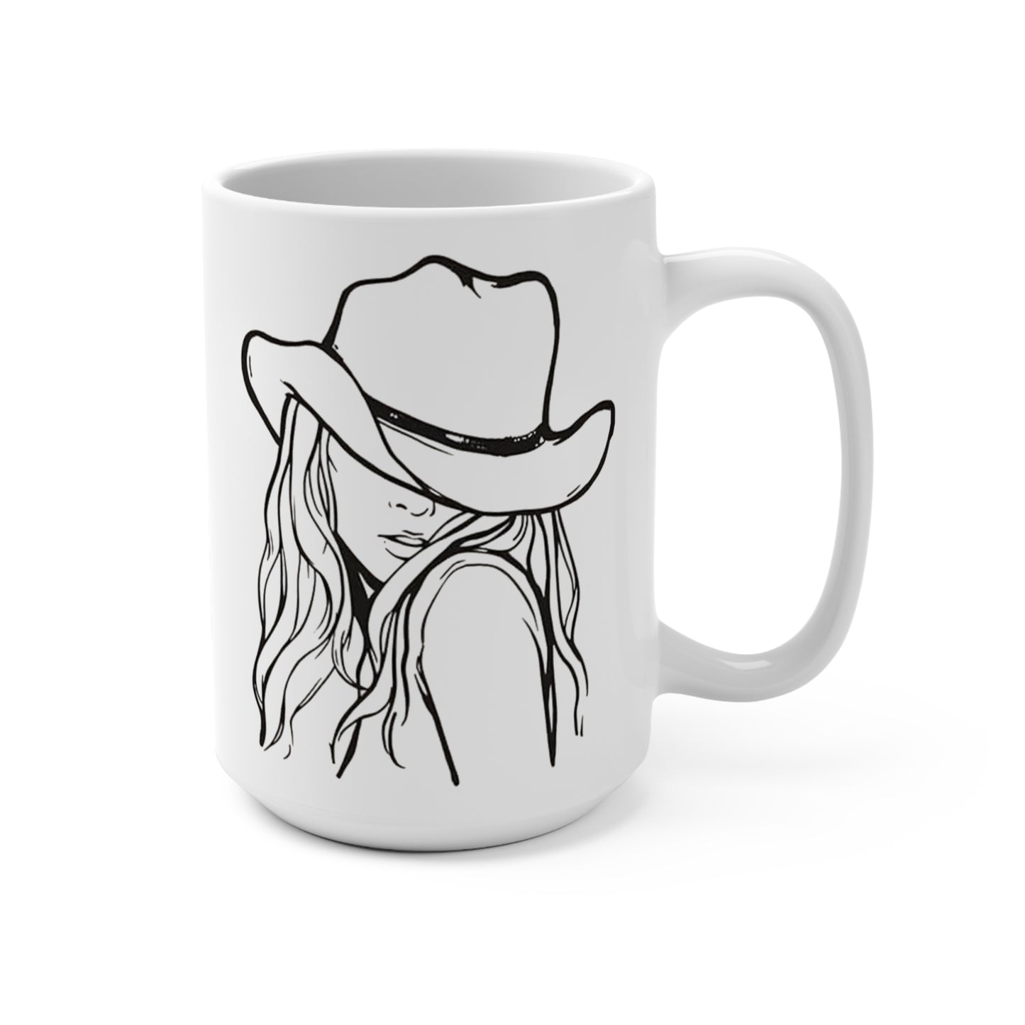 Ceramic Western Cowgirl Hat Mug with Long Hair Design, 15 oz – Rustic Cowgirl Drinkware, Vintage Western Style, Country Chic Mug