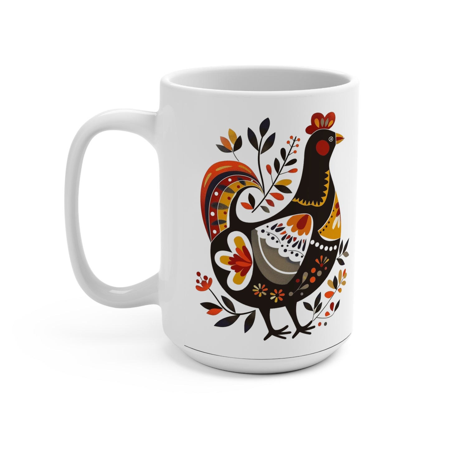 Folk Art Rooster Coffee Mug, 15 oz, Ceramic Farmhouse Design