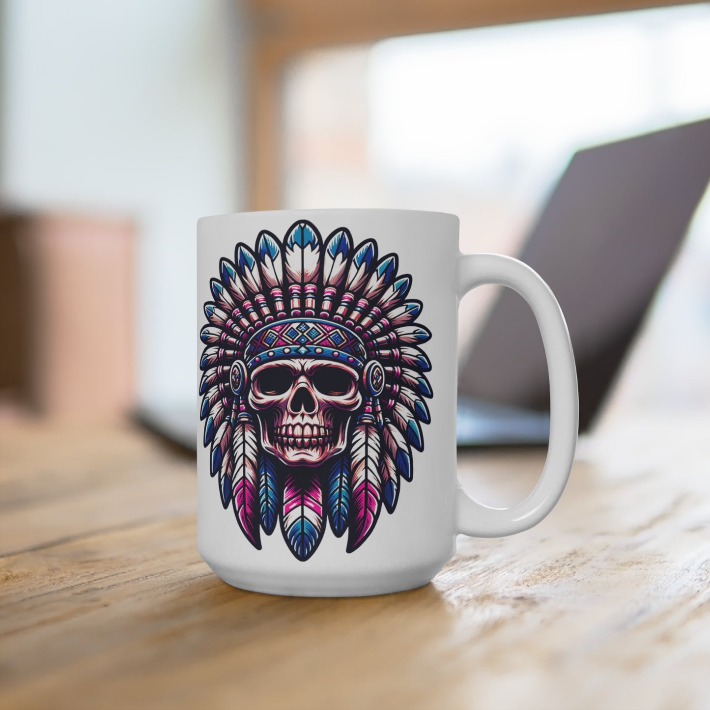 MugsArtStore, Feather Skull of Native American in Chief Headdress Apache 15oz Coffee Mug