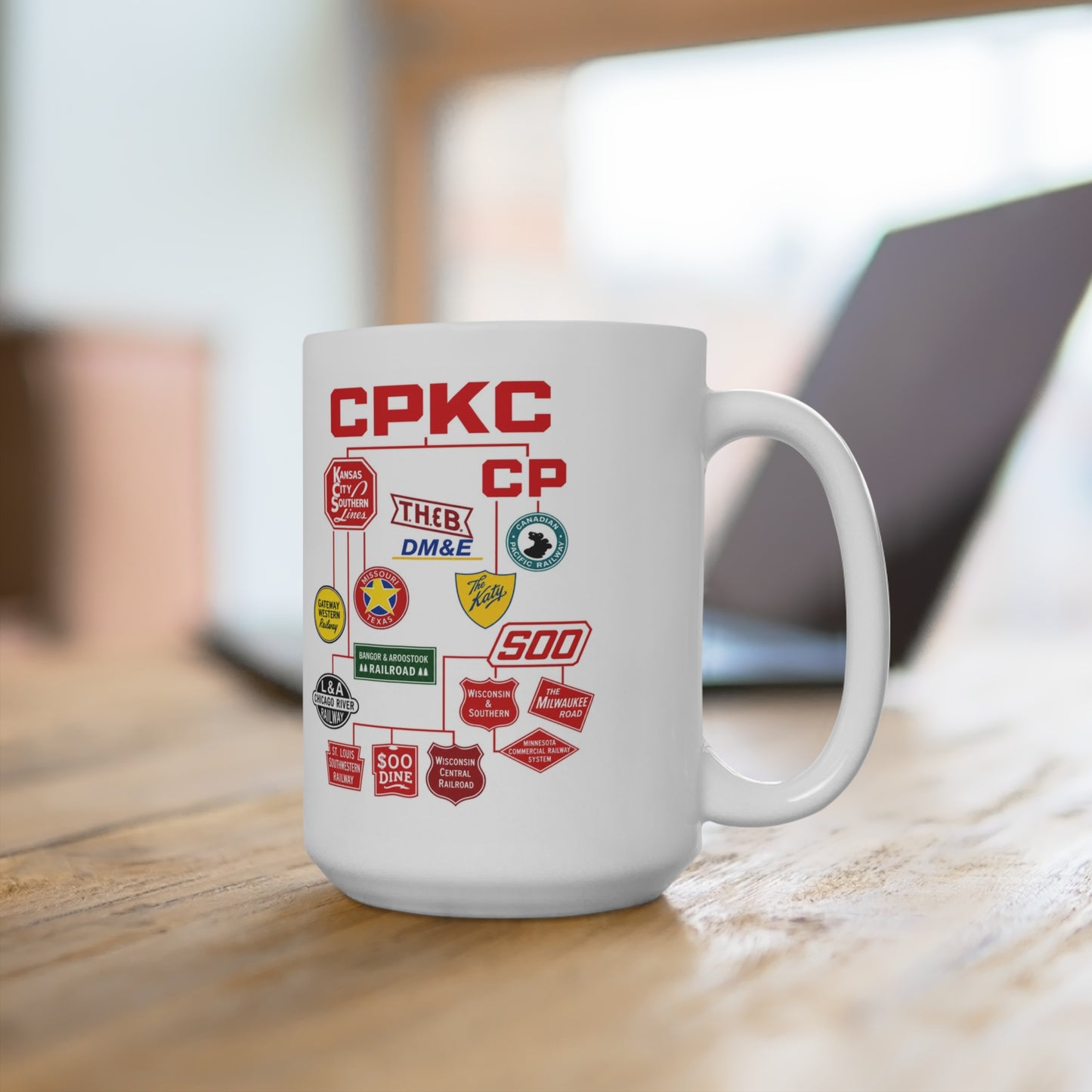 15 oz white ceramic train enthusiast coffee mug with railroad artwork