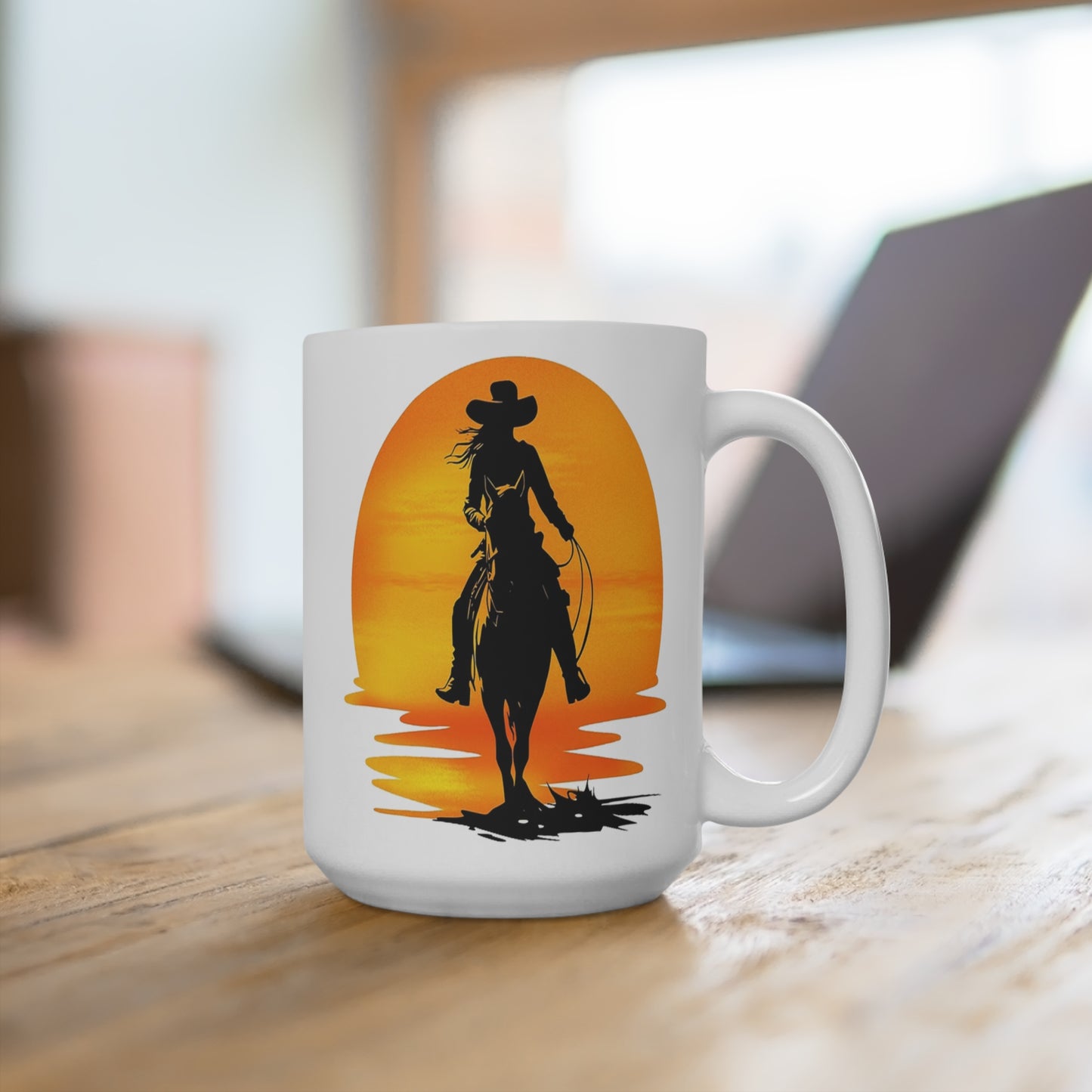 Western Cowgirl Sunset Coffee Mug, 15 oz Large Ceramic Cup with Horse Rider Silhouette, Rustic Cowgirl Decor, Equestrian Gift for Her, Rodeo Lover Mug