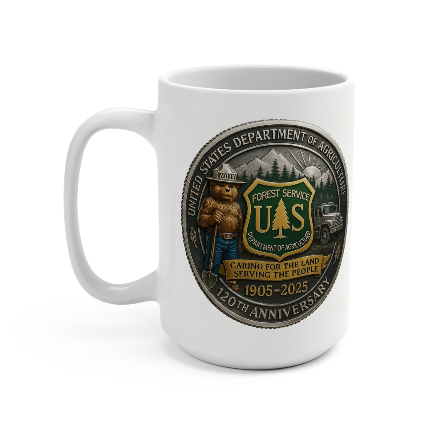 US Forest Service 120th Anniversary Coffee Mug – 15 oz Ceramic Cup with Smokey Bear & Official Seal – USDA Commemorative Gift, National Park & Ranger Collectible (1905–2025)