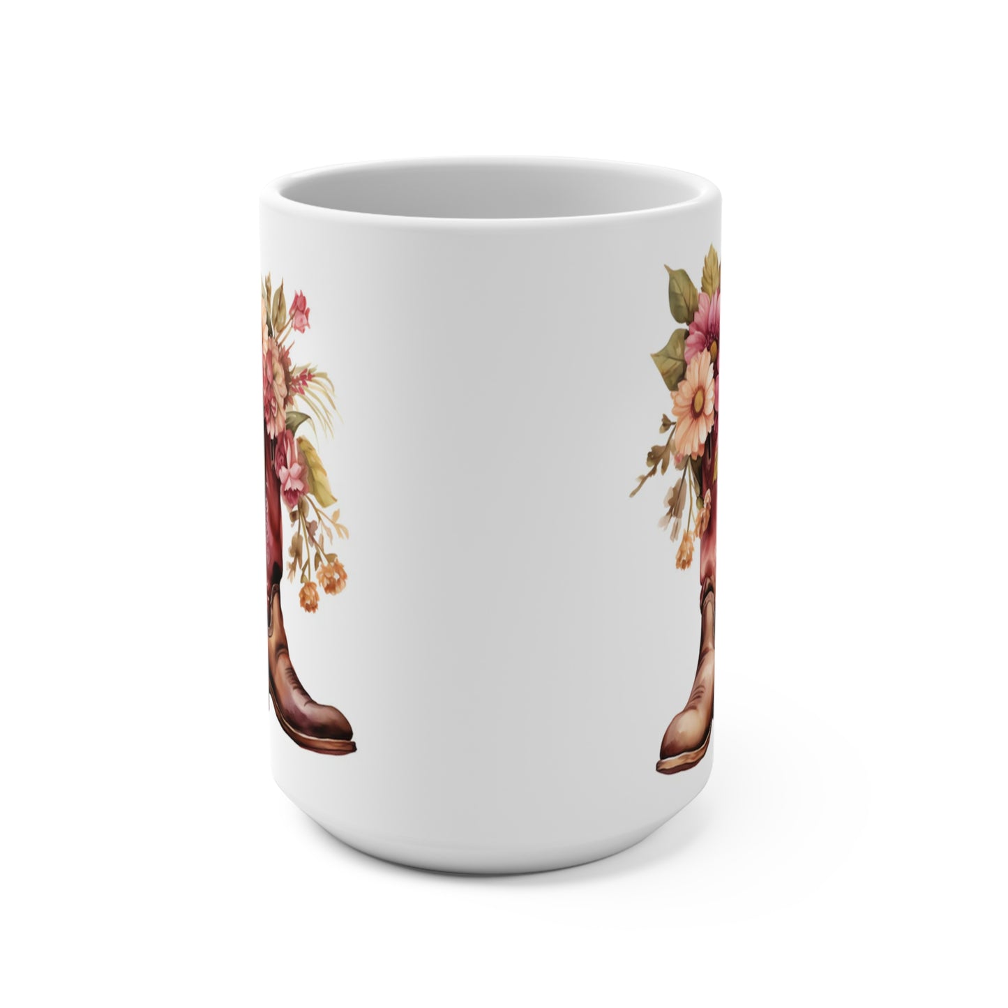 Cowboy Boots Floral Coffee Mug, 15 oz, Ceramic Western Design with Pink Daisies