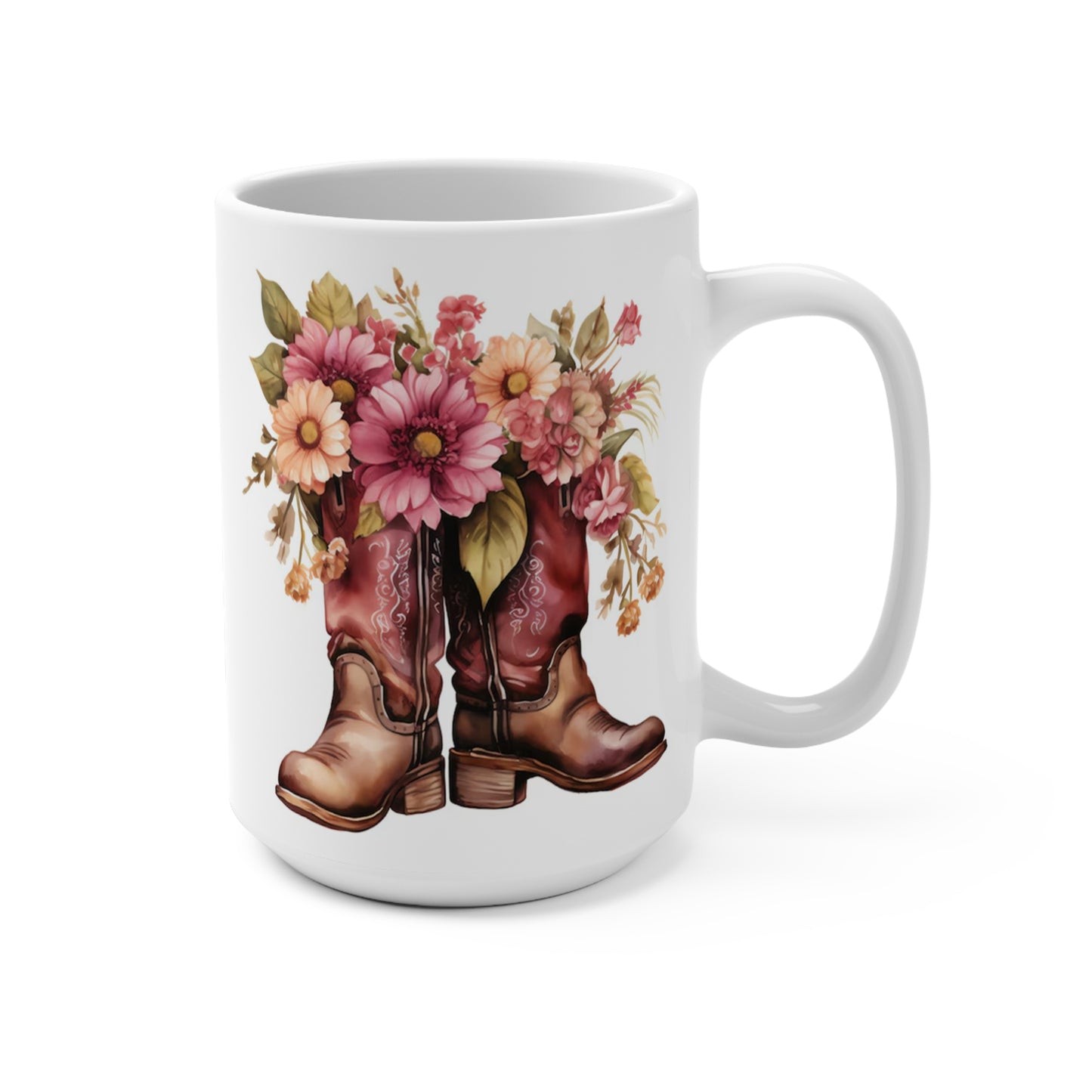 Cowboy Boots Floral Coffee Mug, 15 oz, Ceramic Western Design with Pink Daisies